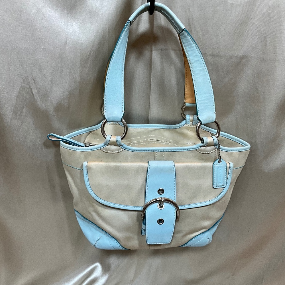 Vintage Coach handbag, beige material & baby blue leather. 10-H8Fa - Picture 2 of 12